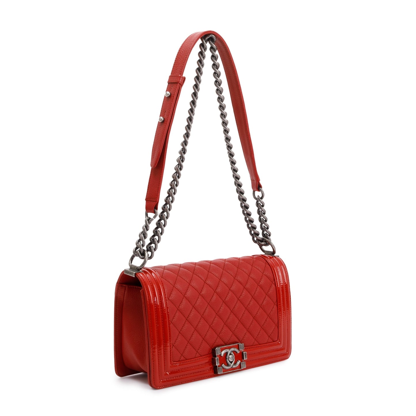 Chanel Medium Patent Leather Trimmed Boy Bag