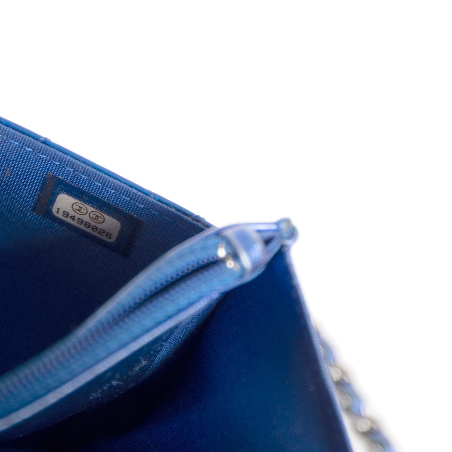 Chanel Metallic Blue Patent Leather Boy Wallet on Chain