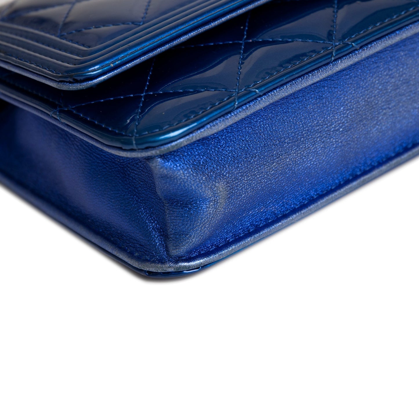 Chanel Metallic Blue Patent Leather Boy Wallet on Chain