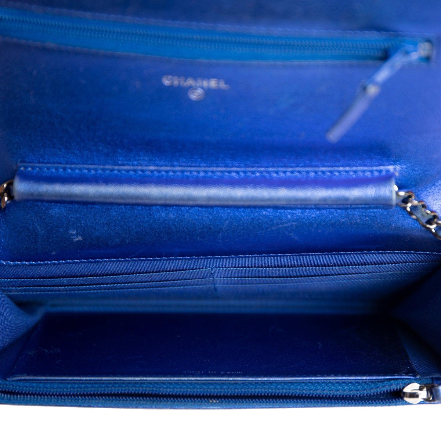 Chanel Metallic Blue Patent Leather Boy Wallet on Chain