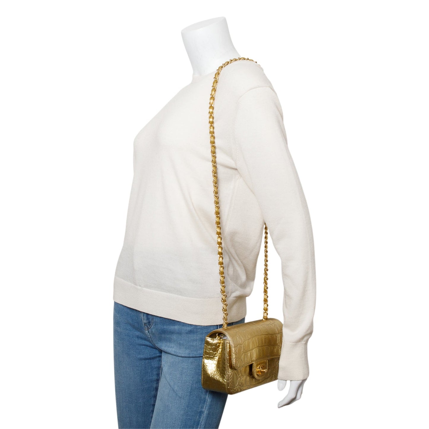 Chanel Metallic Gold Crocodile Embossed Calfskin Leather Classic Mini Rectangular Flap Bag