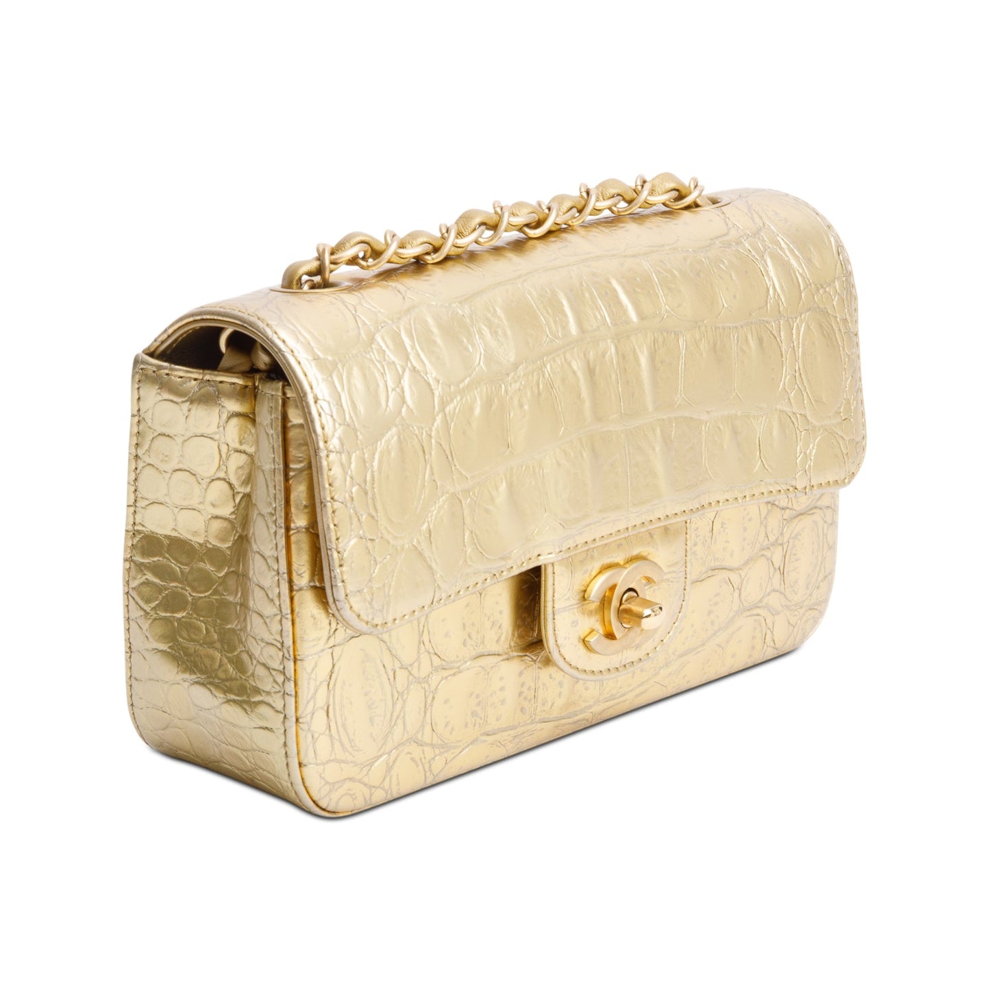 Chanel Metallic Gold Crocodile Embossed Calfskin Leather Classic Mini Rectangular Flap Bag