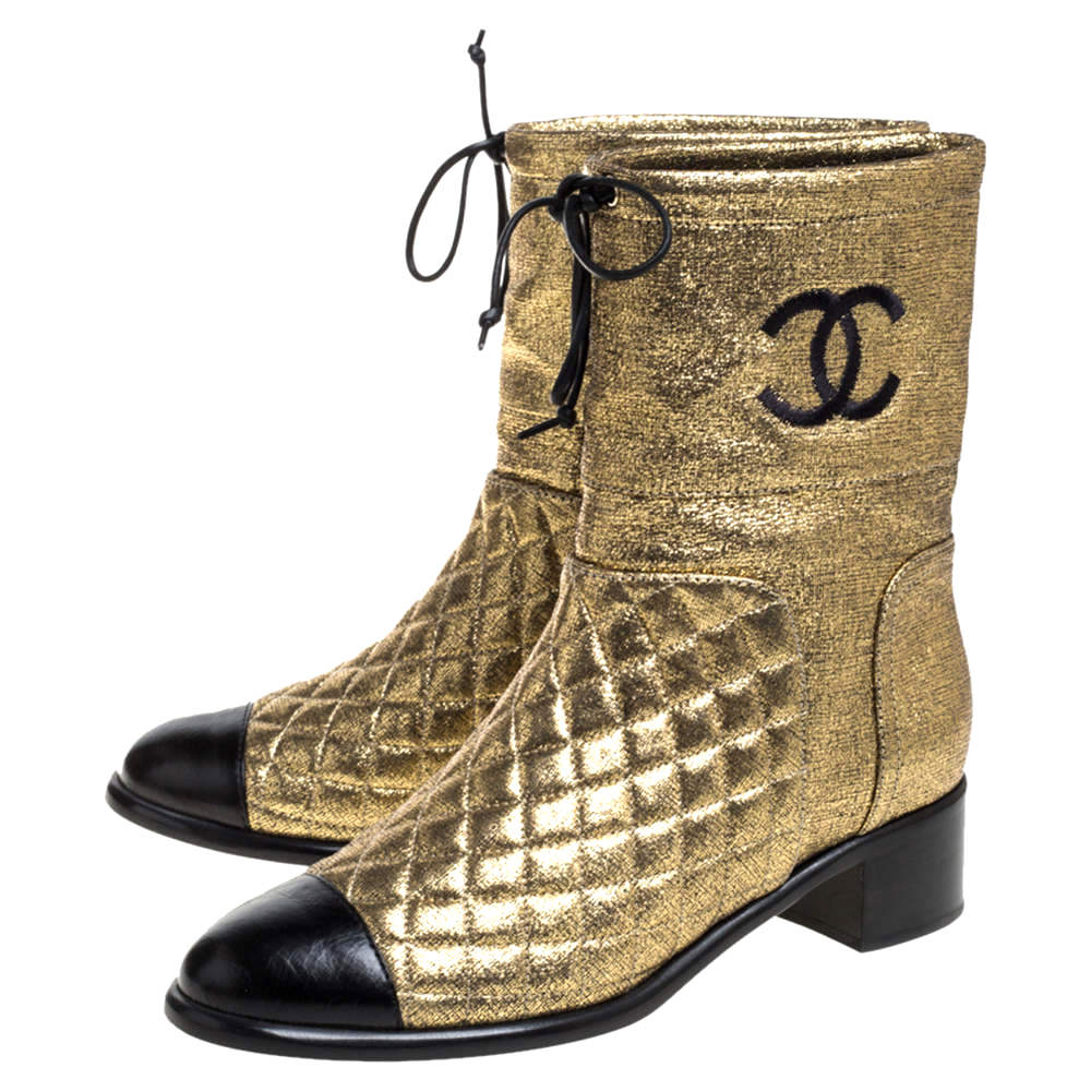 CHANEL CC QUILTED METALLIC GOLD LEATHER ANKLE BOOTS
