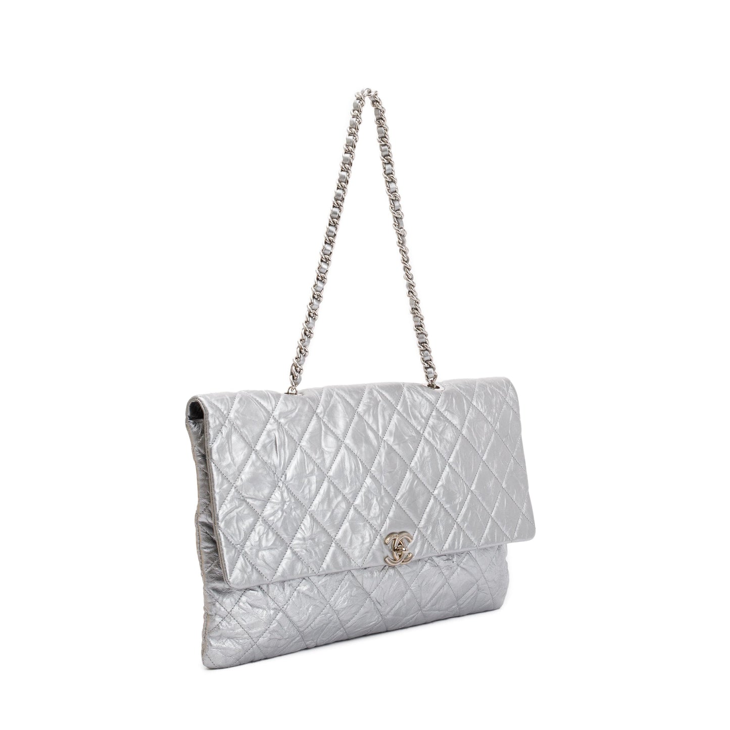 Chanel Metallic Silver Crumpled Calfskin Leather Big Bang Large Flap Bag
