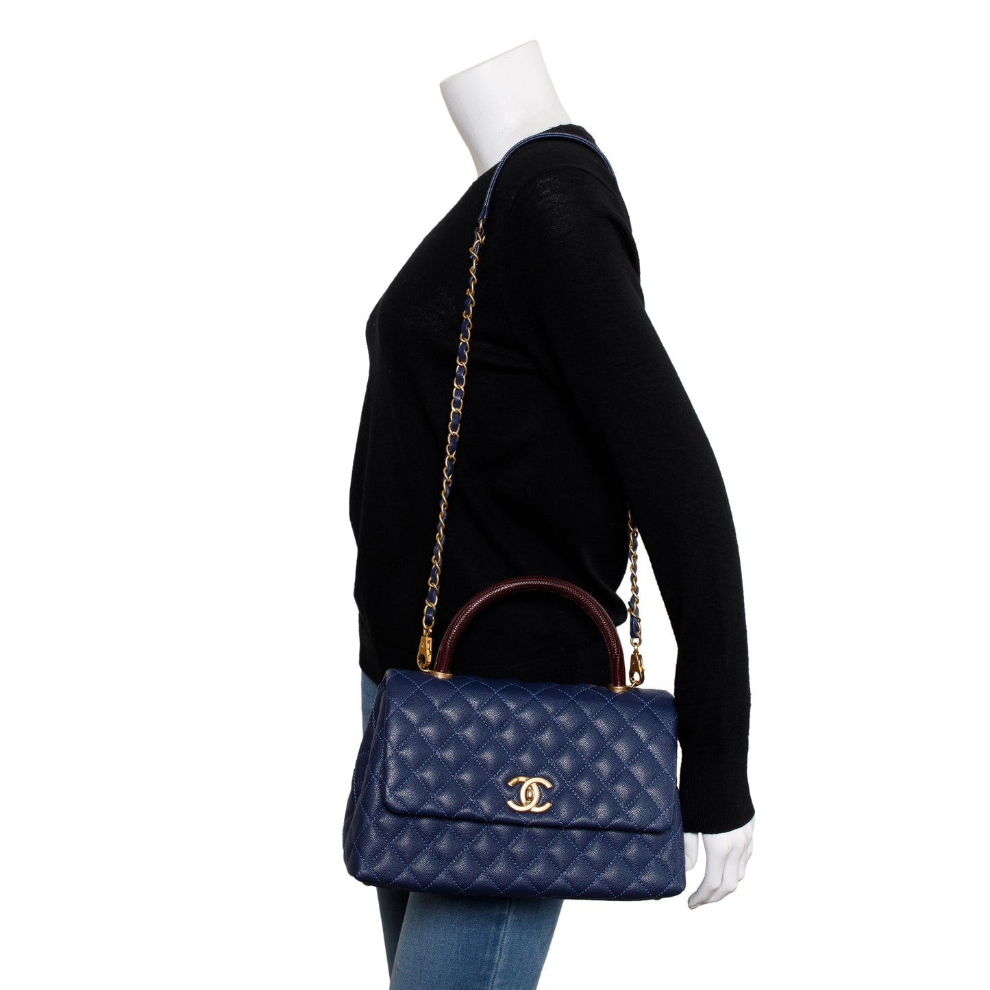 Chanel Navy Caviar Leather Lizard-Trimmed Small Coco Handle Bag