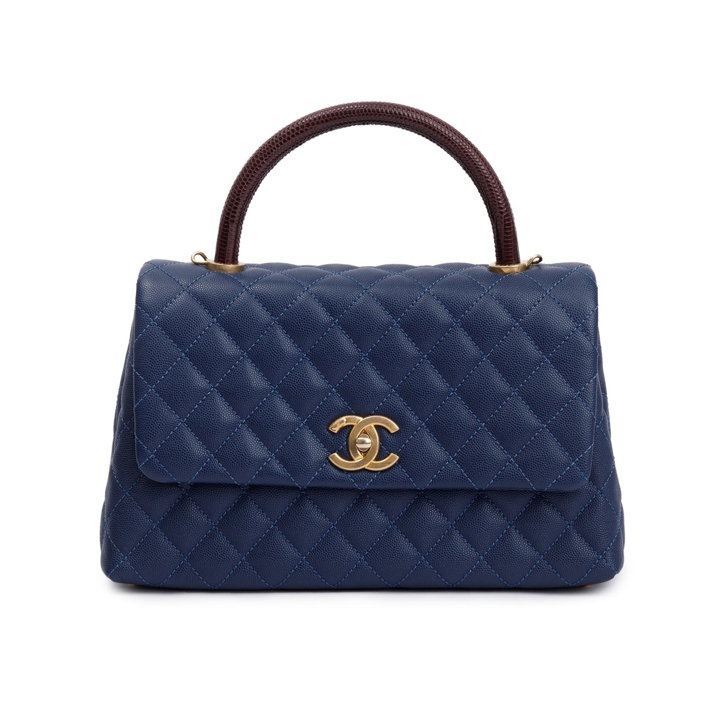 Chanel Navy Caviar Leather Lizard-Trimmed Small Coco Handle Bag