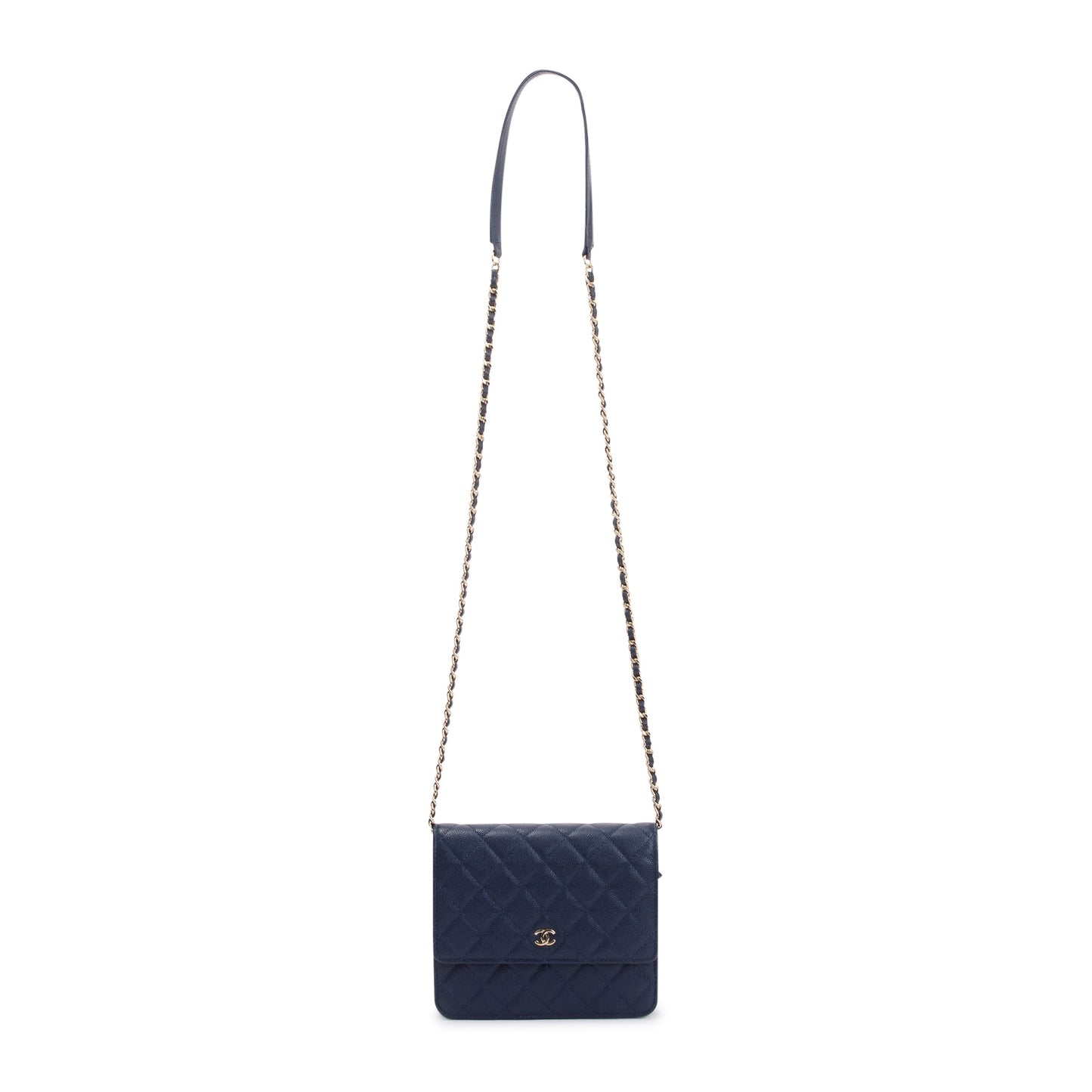 Chanel Navy Caviar Quilted Square Wallet on Chain