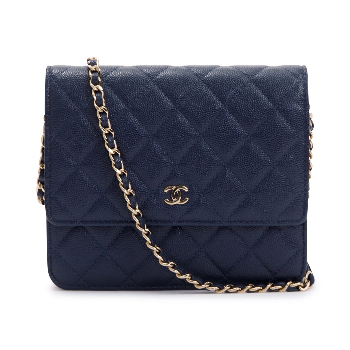 Chanel Navy Caviar Quilted Square Wallet on Chain