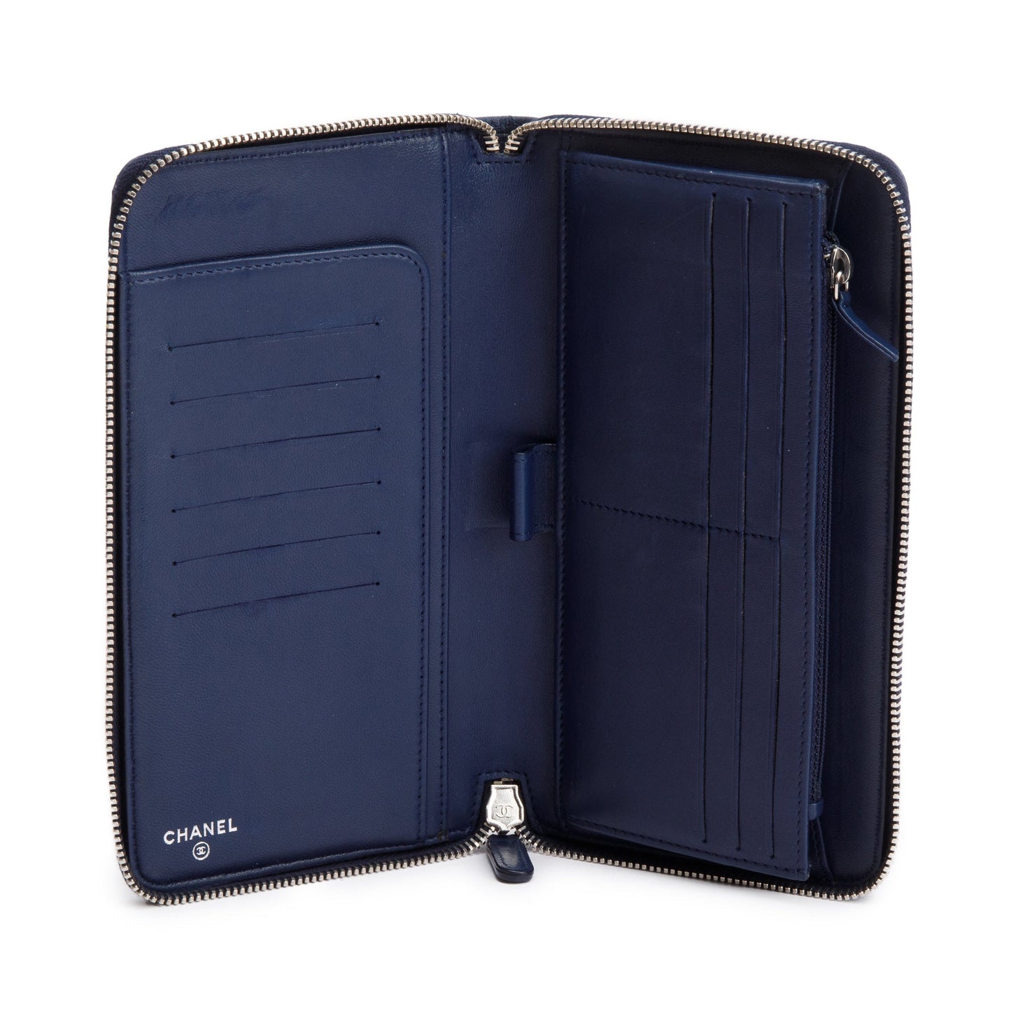 Chanel Navy Lambskin Leather Large Zip Around Organizer Wallet