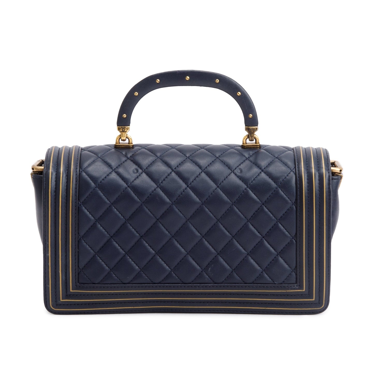 Chanel Navy Lambskin Leather Medium Boy Studded Handle Bag
