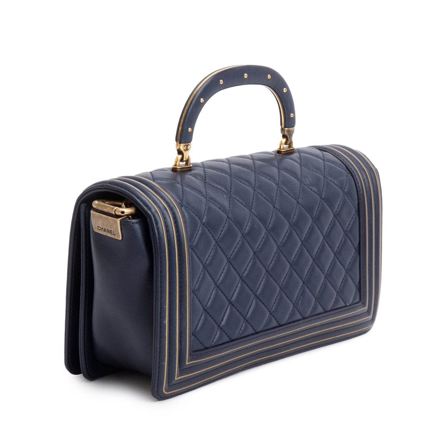 Chanel Navy Lambskin Leather Medium Boy Studded Handle Bag