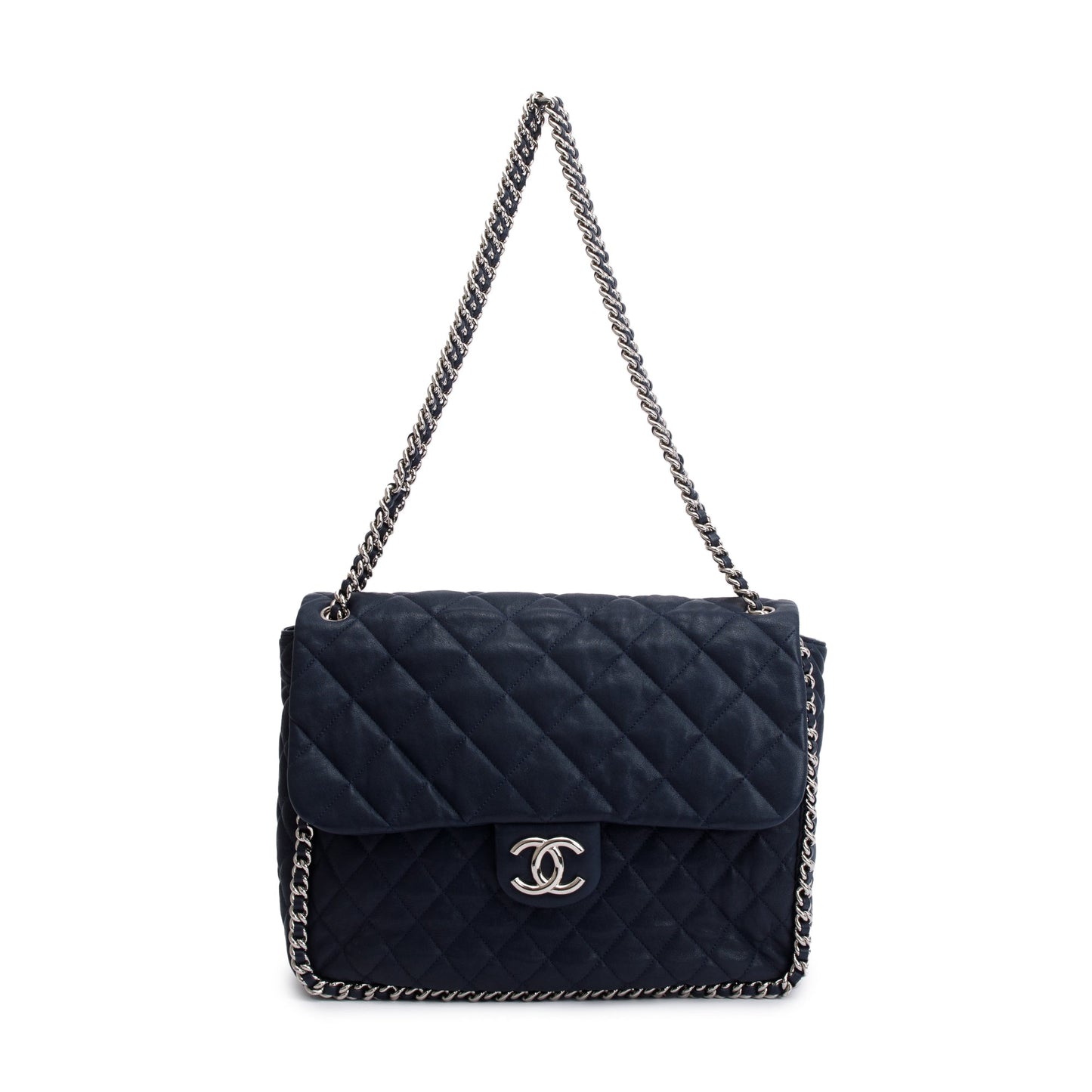 Chanel Navy Quilted Calfskin Leather Maxi Chain Around Flap Bag