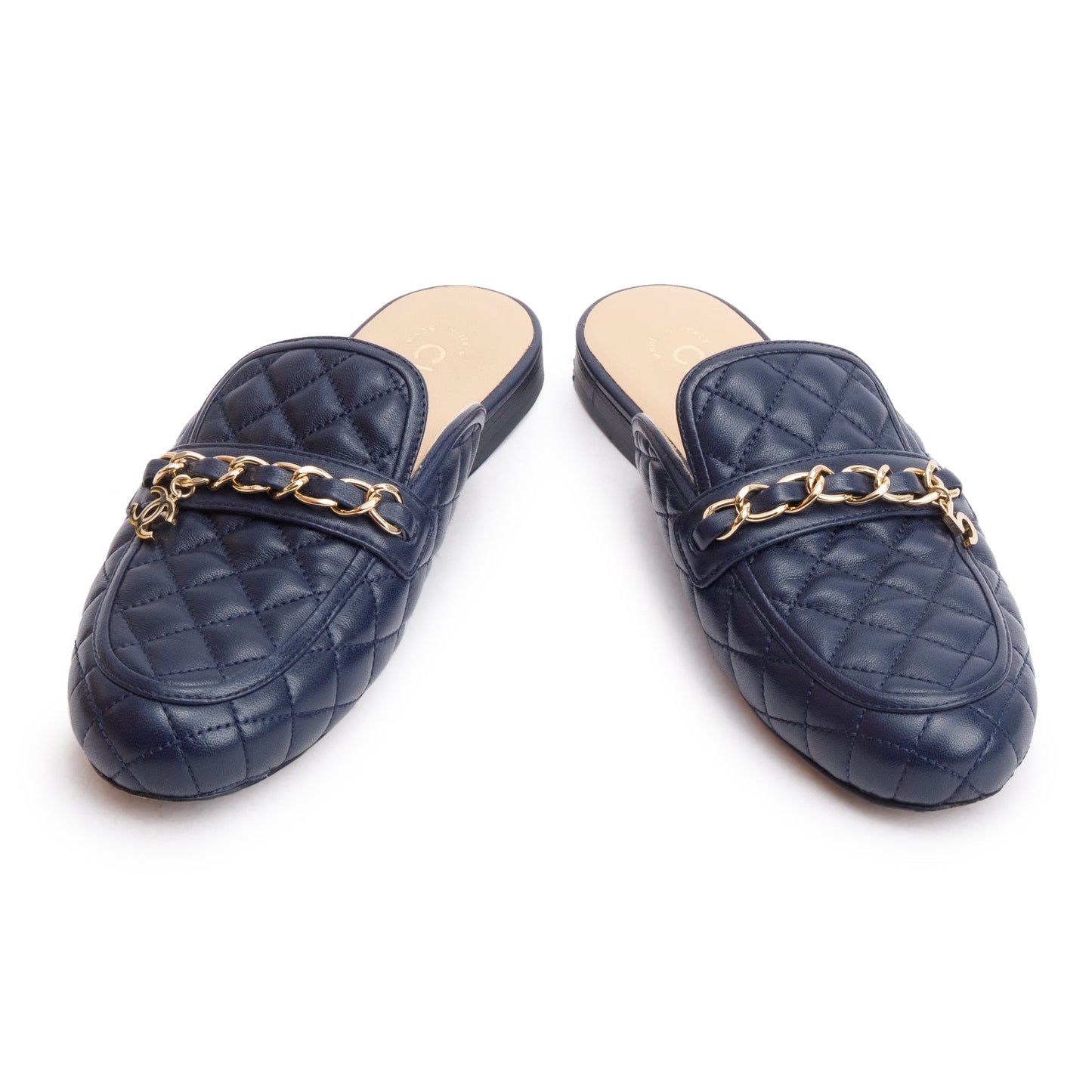 Chanel Navy Quilted Lambskin Leather Interlocking CC Logo  Chain Accent Mules, Size 35.5