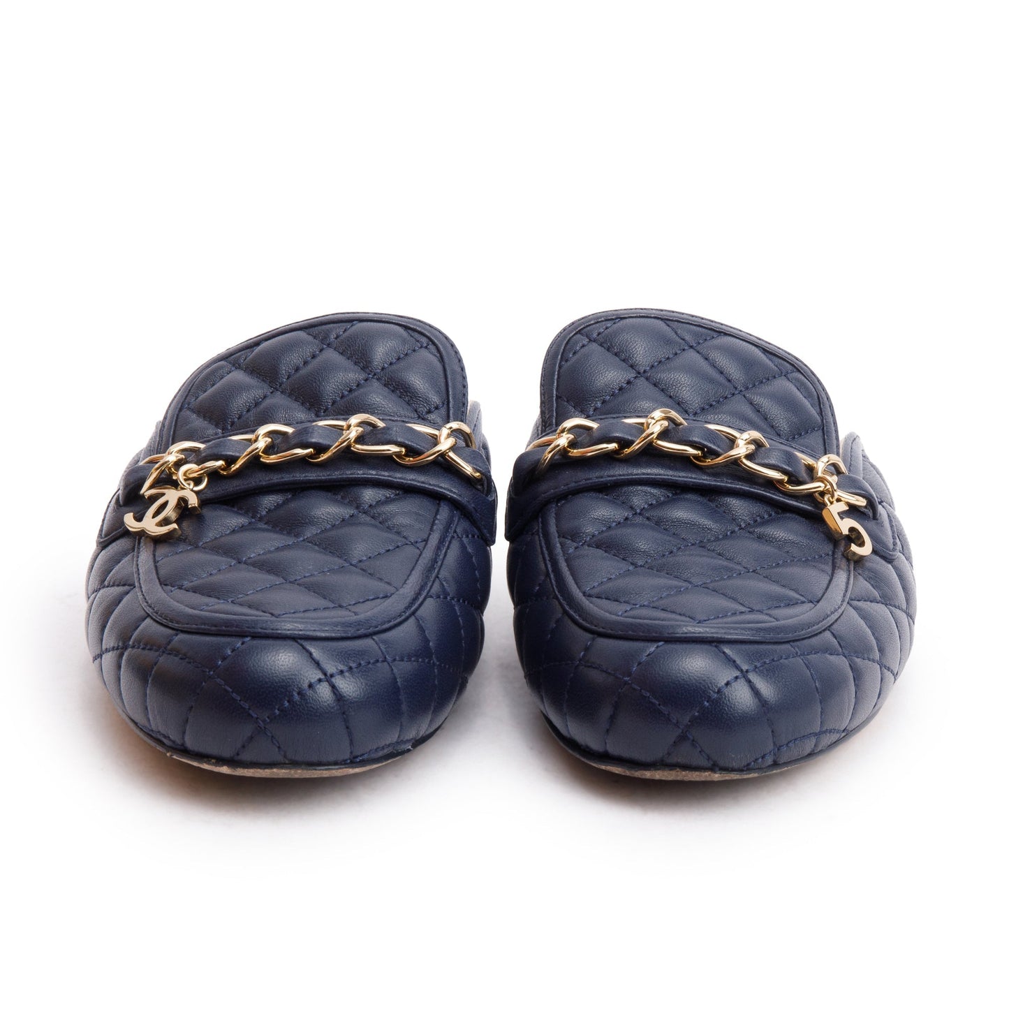 Chanel Navy Quilted Lambskin Leather Interlocking CC Logo  Chain Accent Mules, Size 35.5