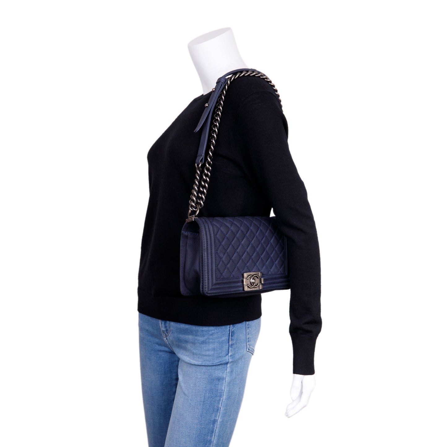 Chanel Navy Suede Calfskin Medium Boy Bag