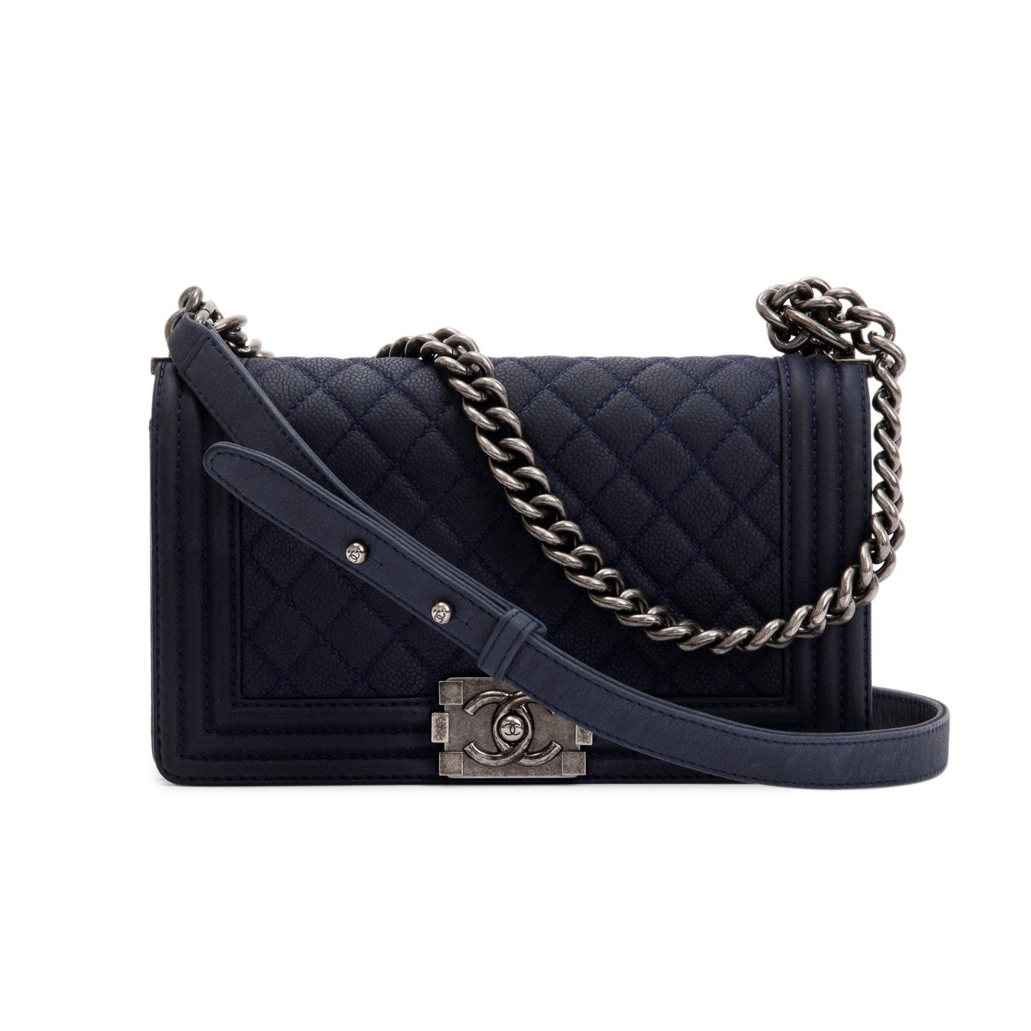 Chanel Navy Suede Calfskin Medium Boy Bag