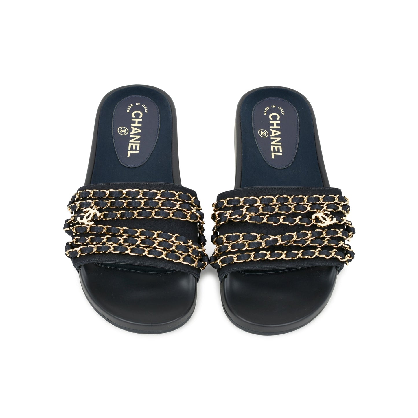 CHANEL TROPICONIC ICONIC GOLD LOGO CHAIN POOL SLIDES