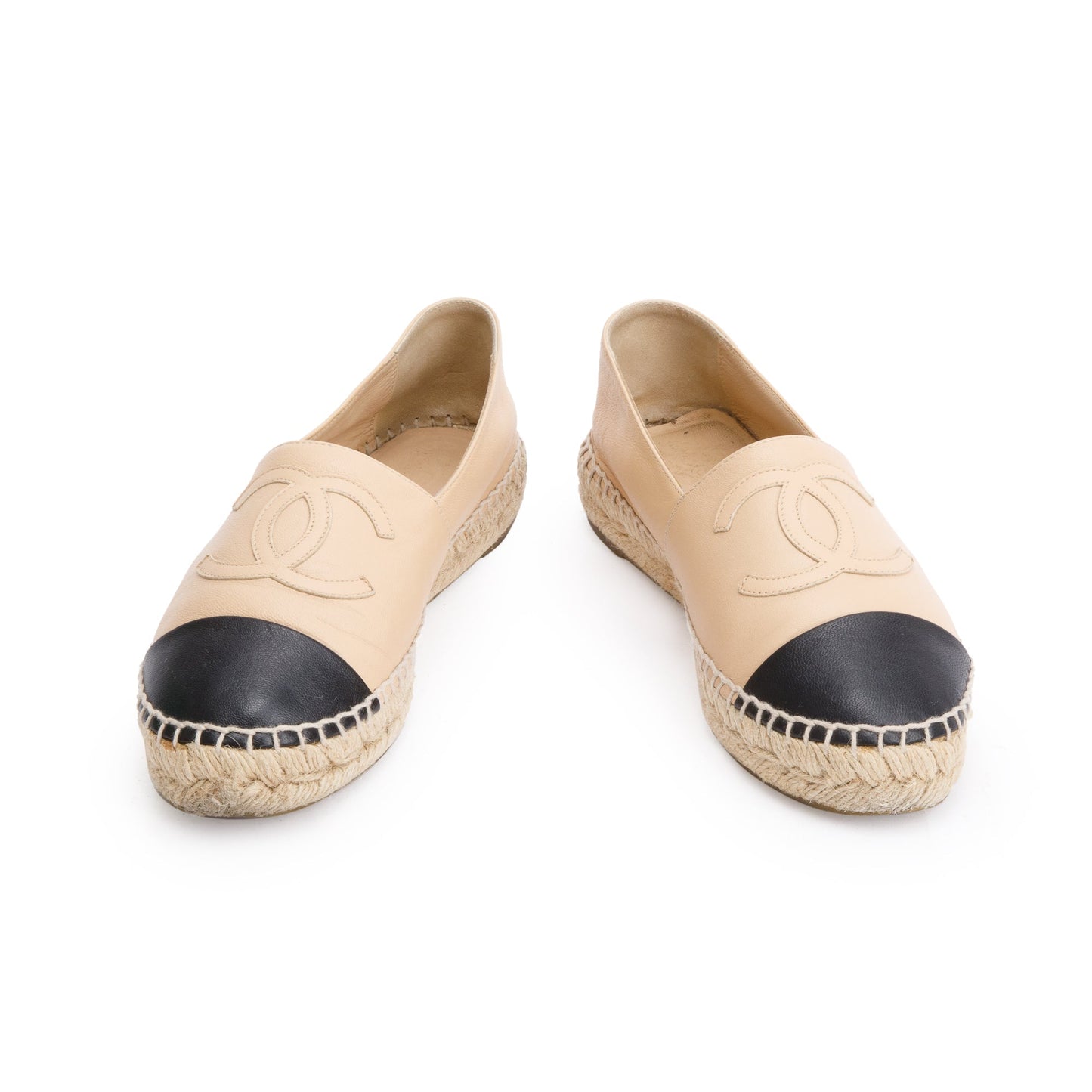 Chanel Neutral & Black Leather CC Logo Espadrilles, Size 36