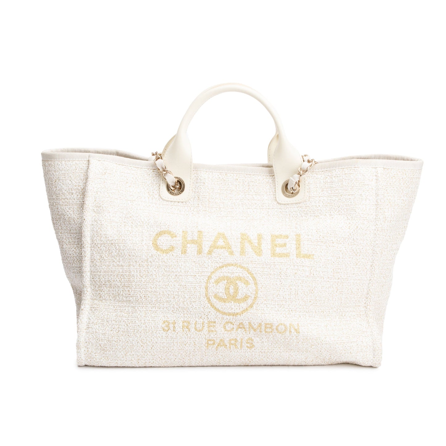 Chanel Neutral Canvas Calfskin Leather Trim Medium Deauville Shopping Tote