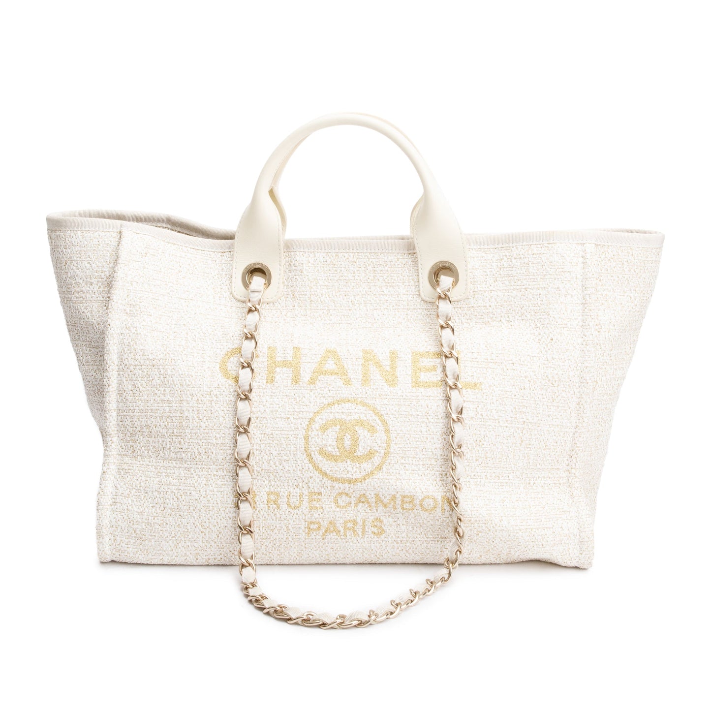 Chanel Neutral Canvas Calfskin Leather Trim Medium Deauville Shopping Tote