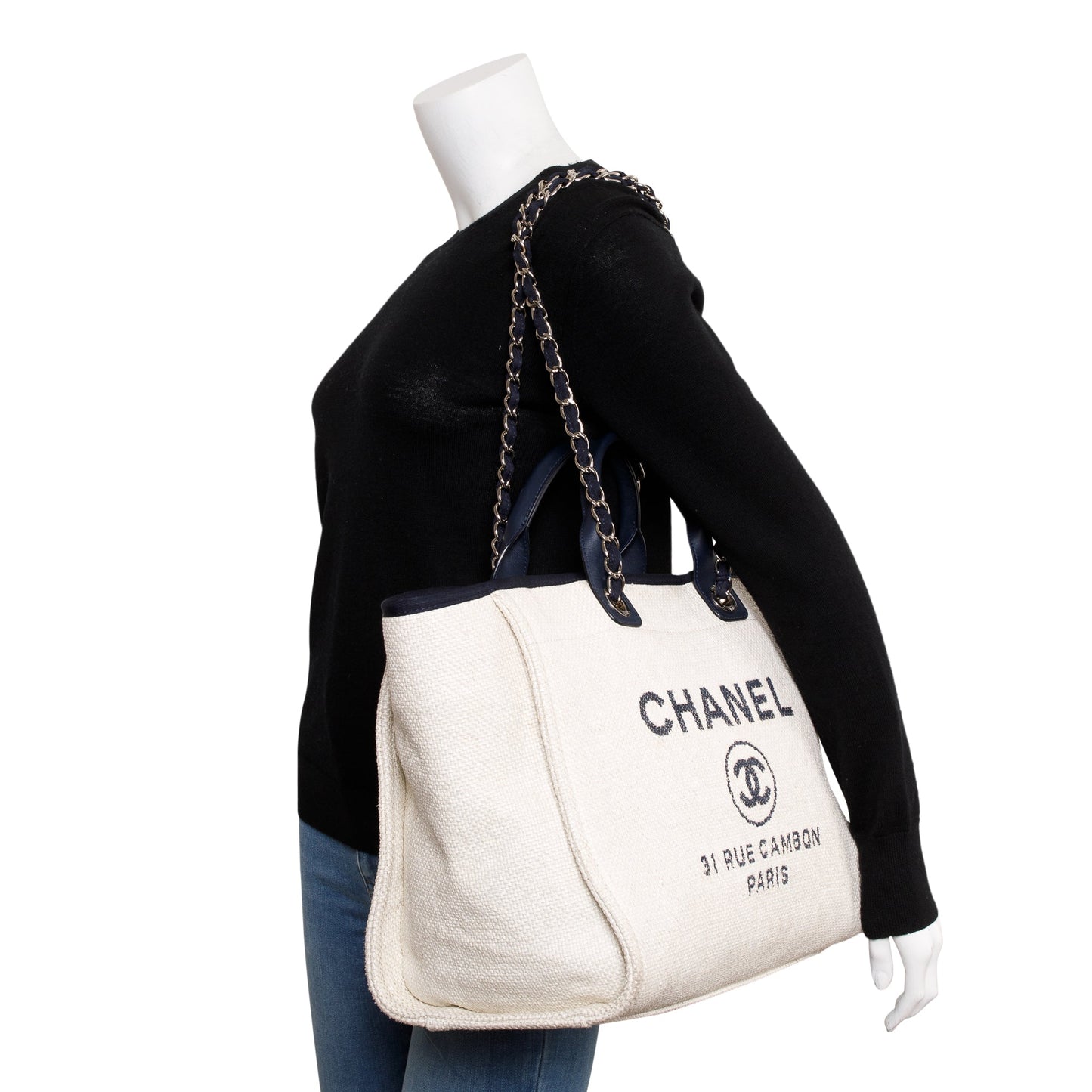 Chanel Neutral Canvas Navy Calfskin Medium Deauville Tote
