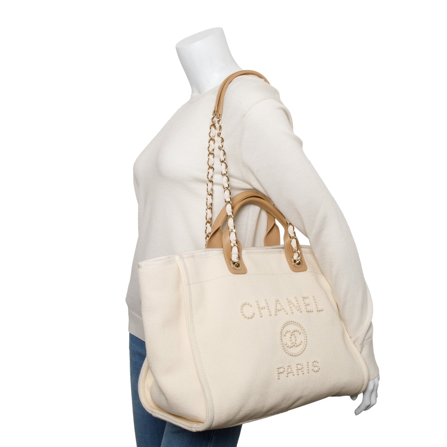 Chanel Neutral Canvas Tan Calfskin Pearl Medium Deauville Shopping Tote