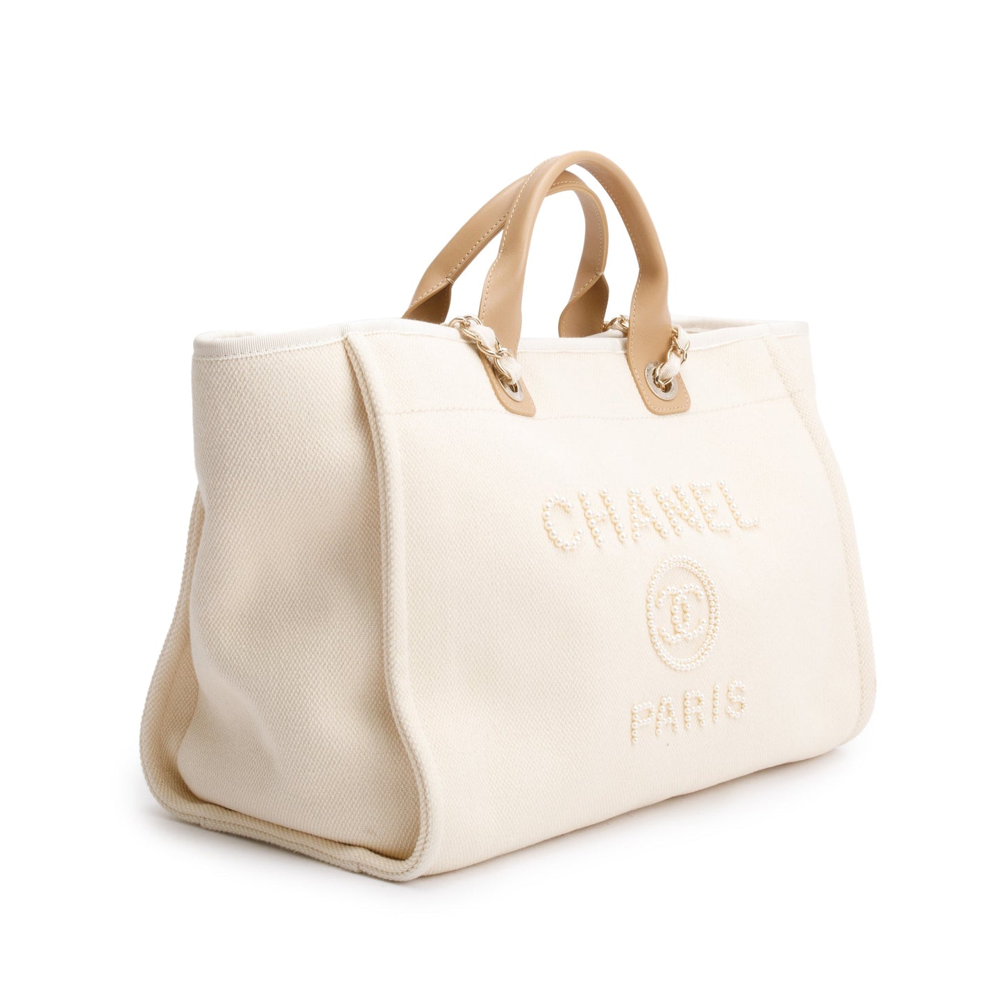 Chanel Neutral Canvas Tan Calfskin Pearl Medium Deauville Shopping Tote