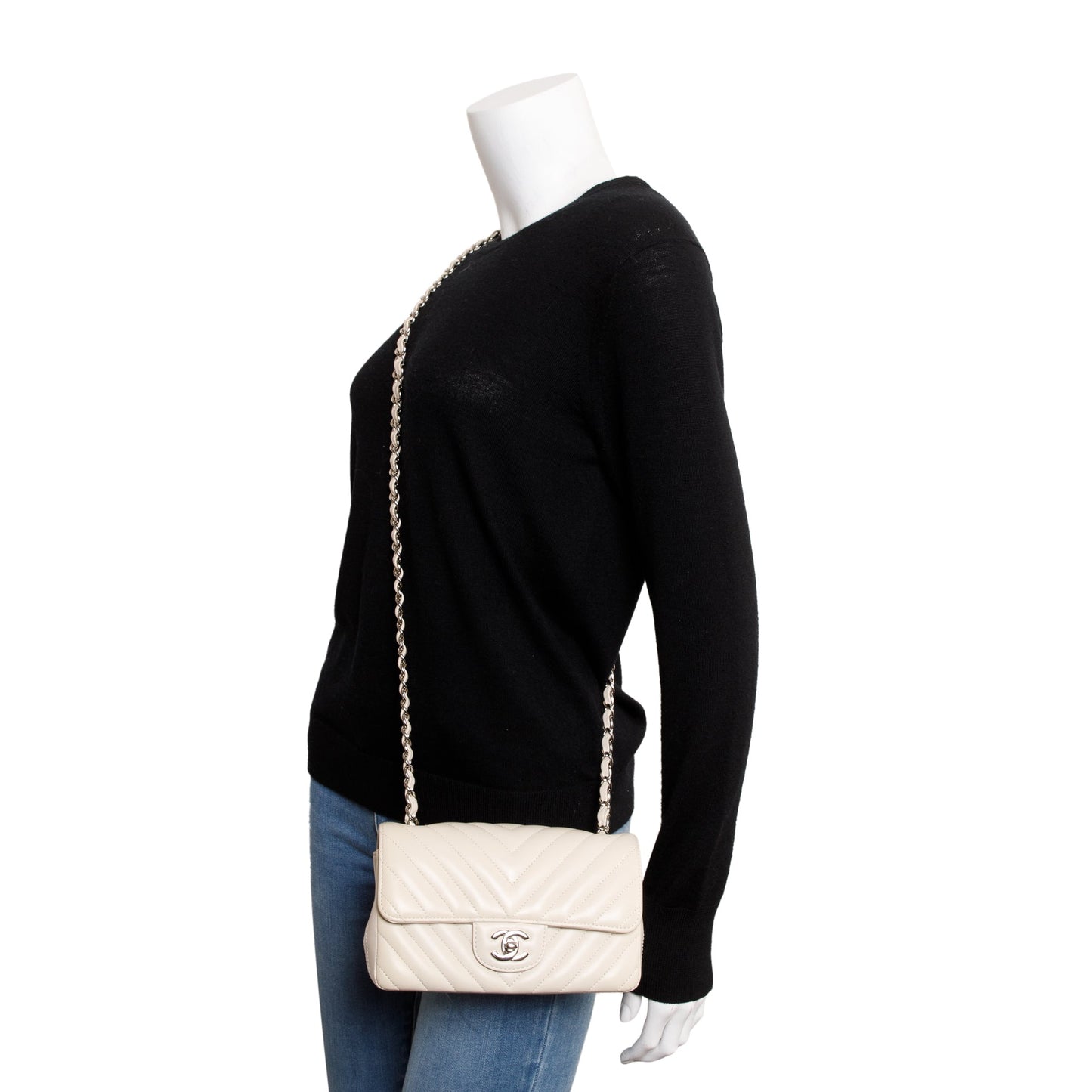 Chanel Neutral Chevron Quilted Lambskin Classic Mini Rectangular Flap Bag
