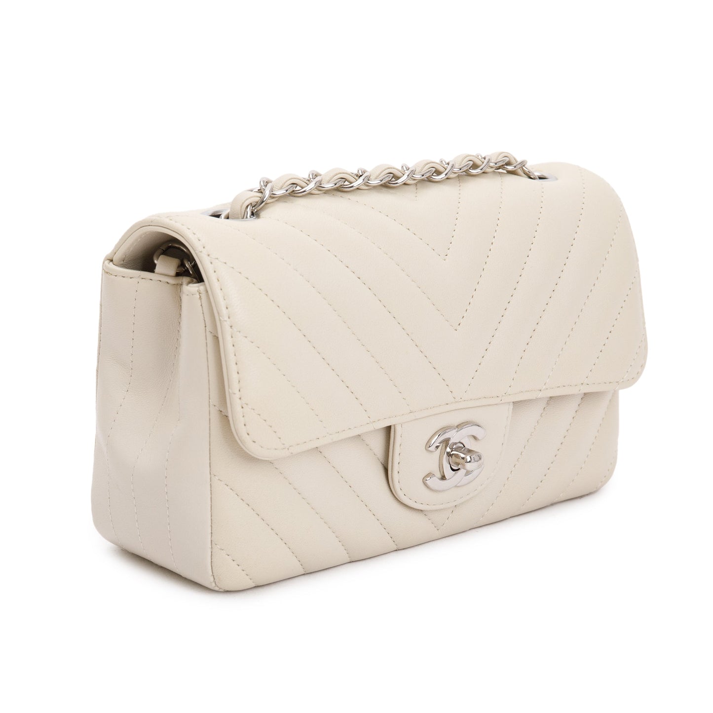 Chanel Neutral Chevron Quilted Lambskin Classic Mini Rectangular Flap Bag