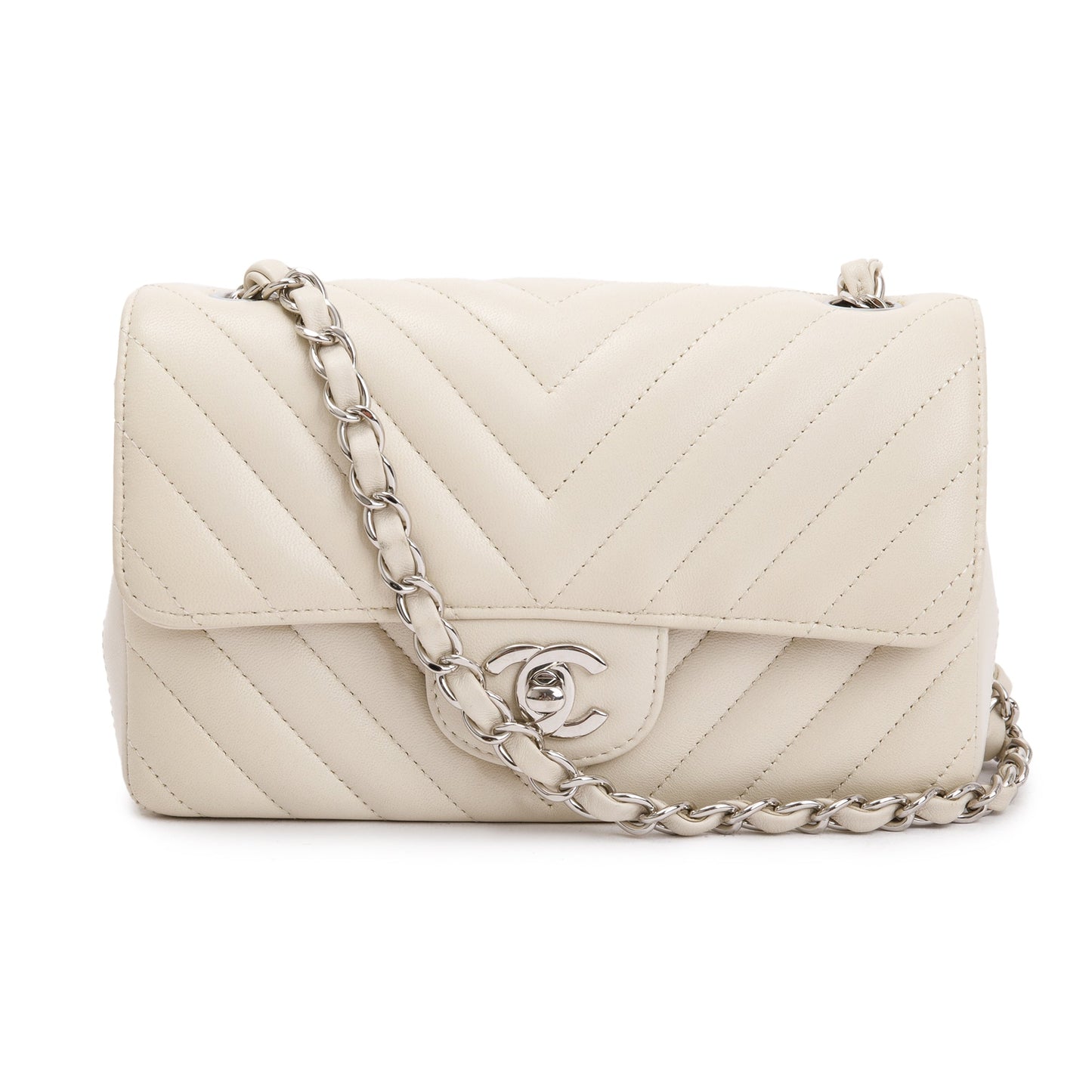Chanel Neutral Chevron Quilted Lambskin Classic Mini Rectangular Flap Bag