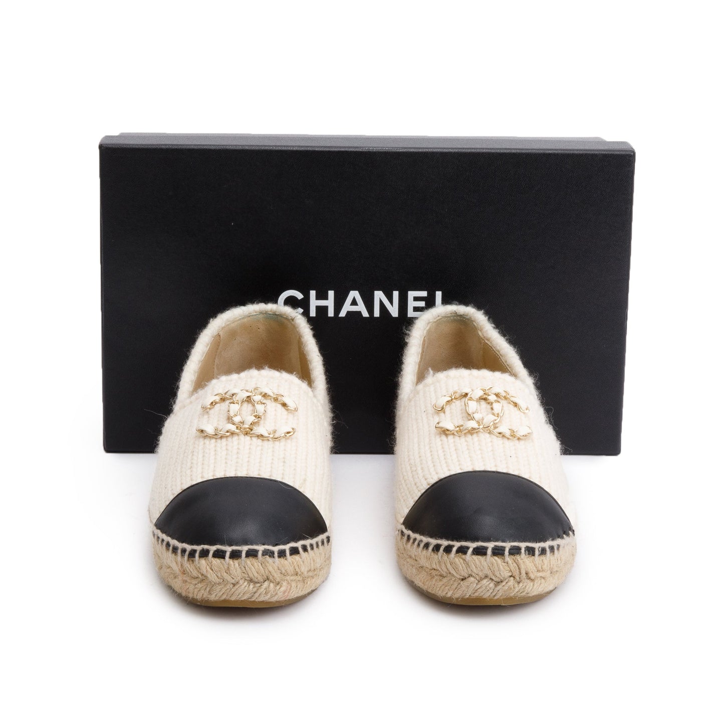 Chanel Neutral Wool Black Leather CC Logo Espadrilles, Size 40
