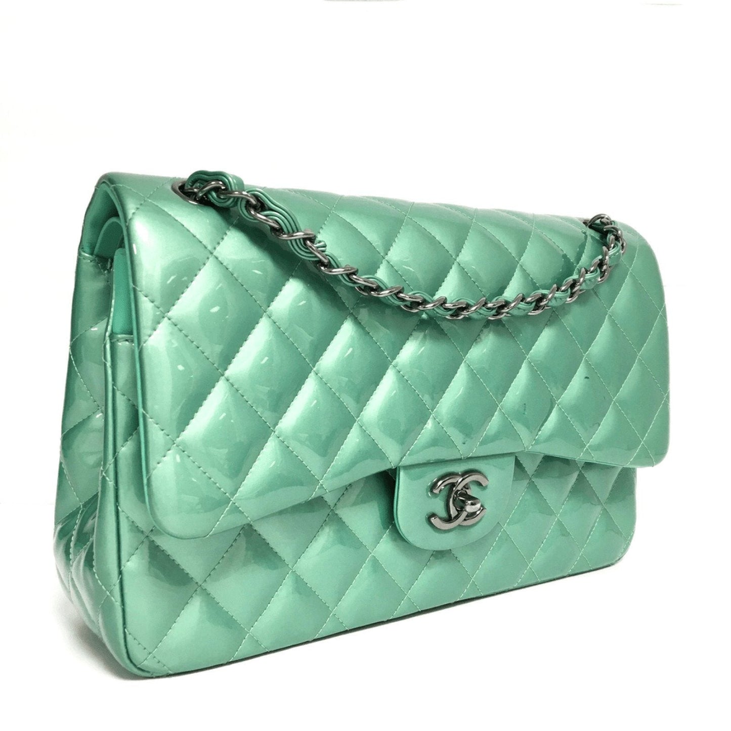 Chanel Patent Green Classic Jumbo Double Flap Bag