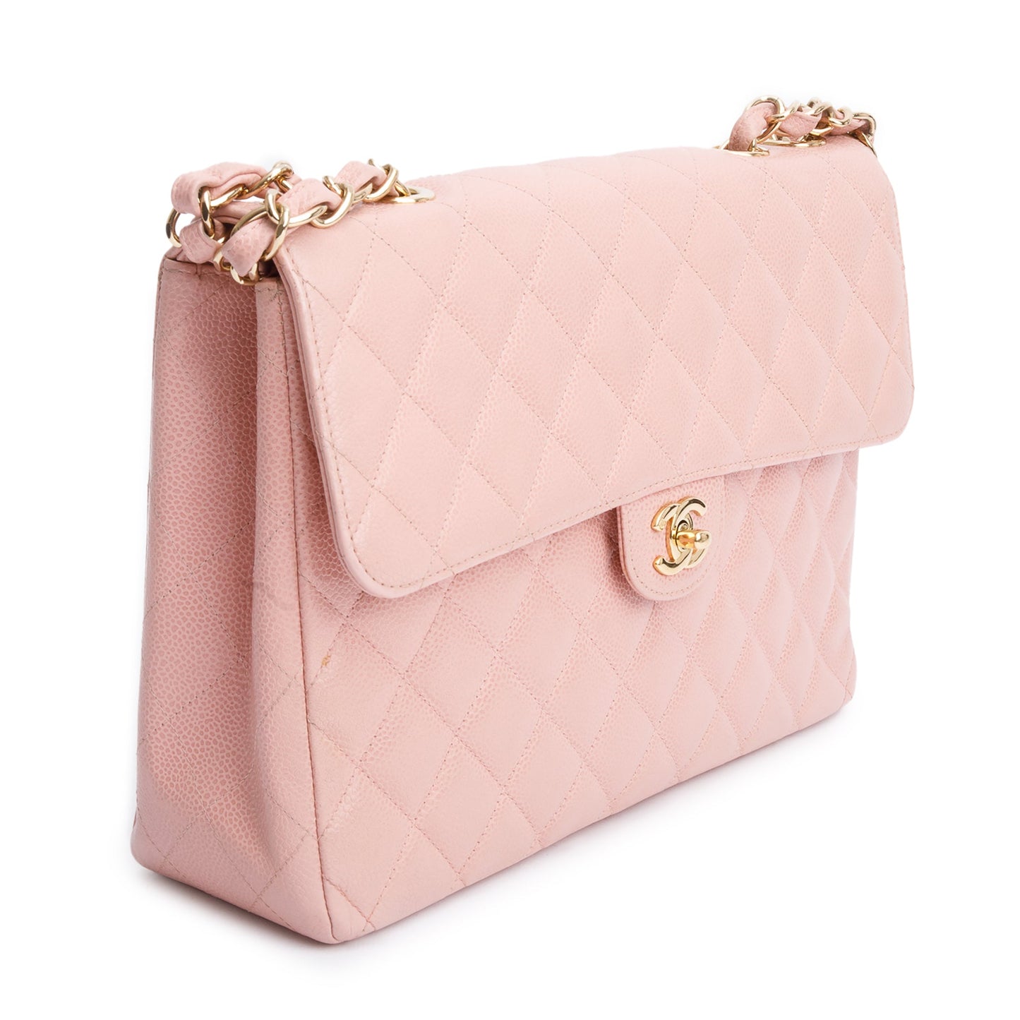 Chanel Vintage Pink Quilted Caviar Leather Square Classic Jumbo Single Flap Bag