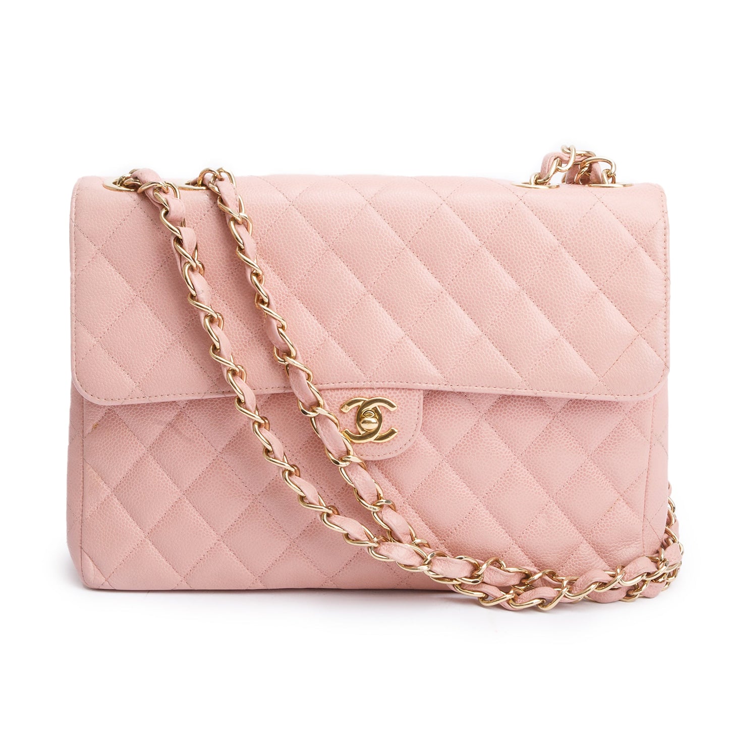 Chanel Vintage Pink Quilted Caviar Leather Square Classic Jumbo Single Flap Bag