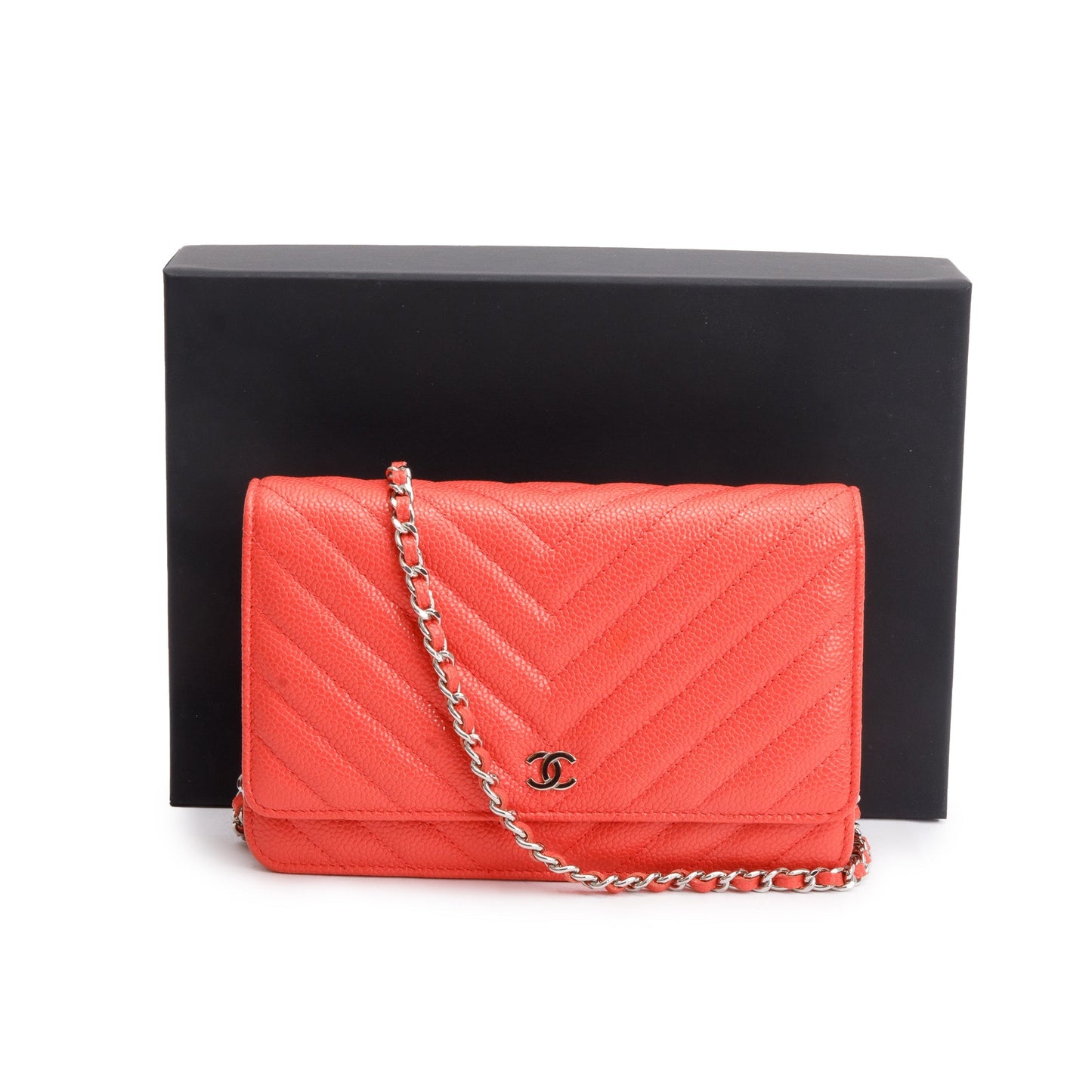 Chanel Pink Chevron Caviar Leather Classic Wallet on Chain