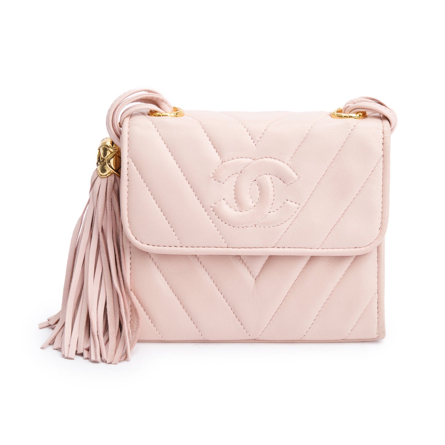 Chanel Pink Chevron Lambskin Leather Tassel Mini Flap Bag