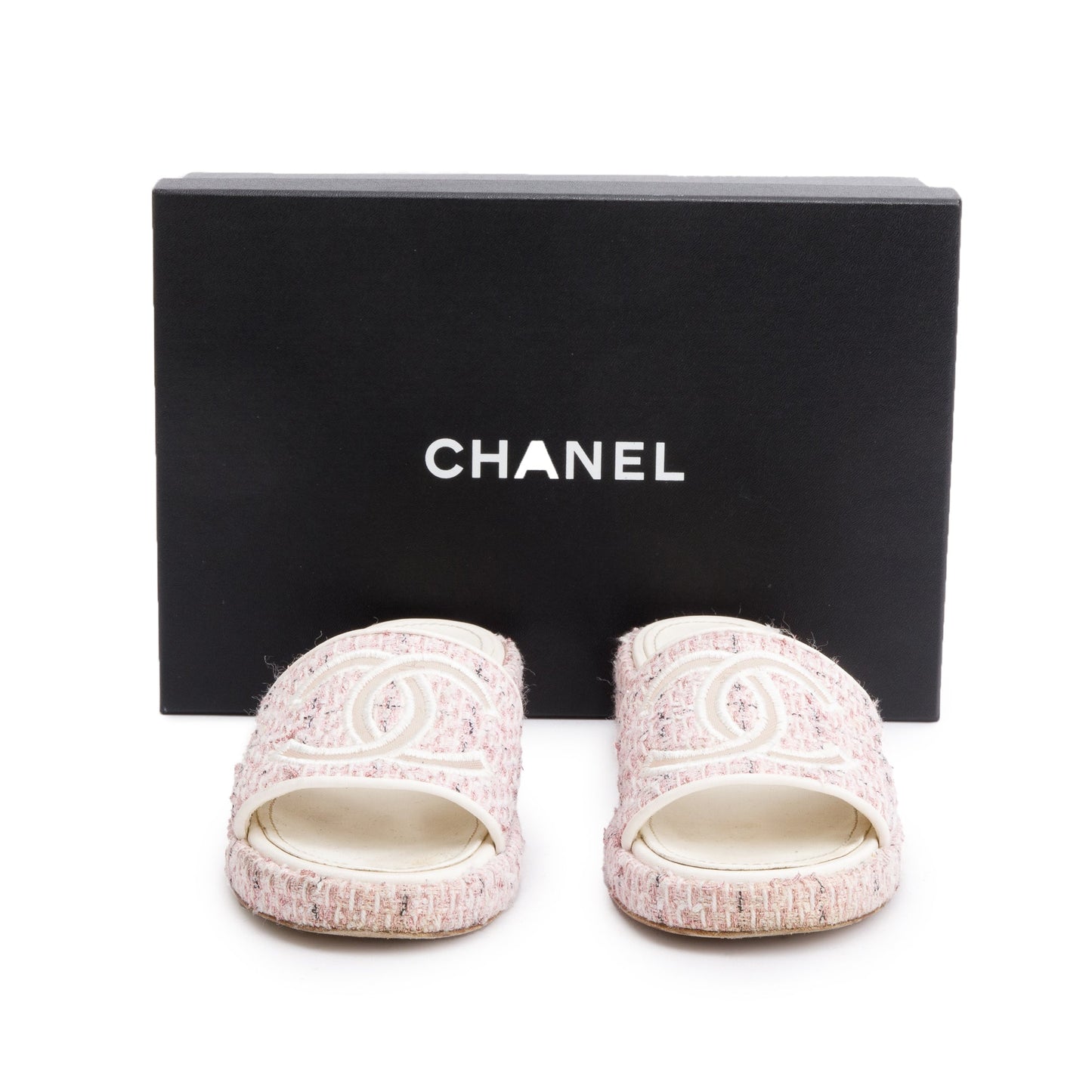 Chanel Pink Tweed CC Logo Slides, Size 40