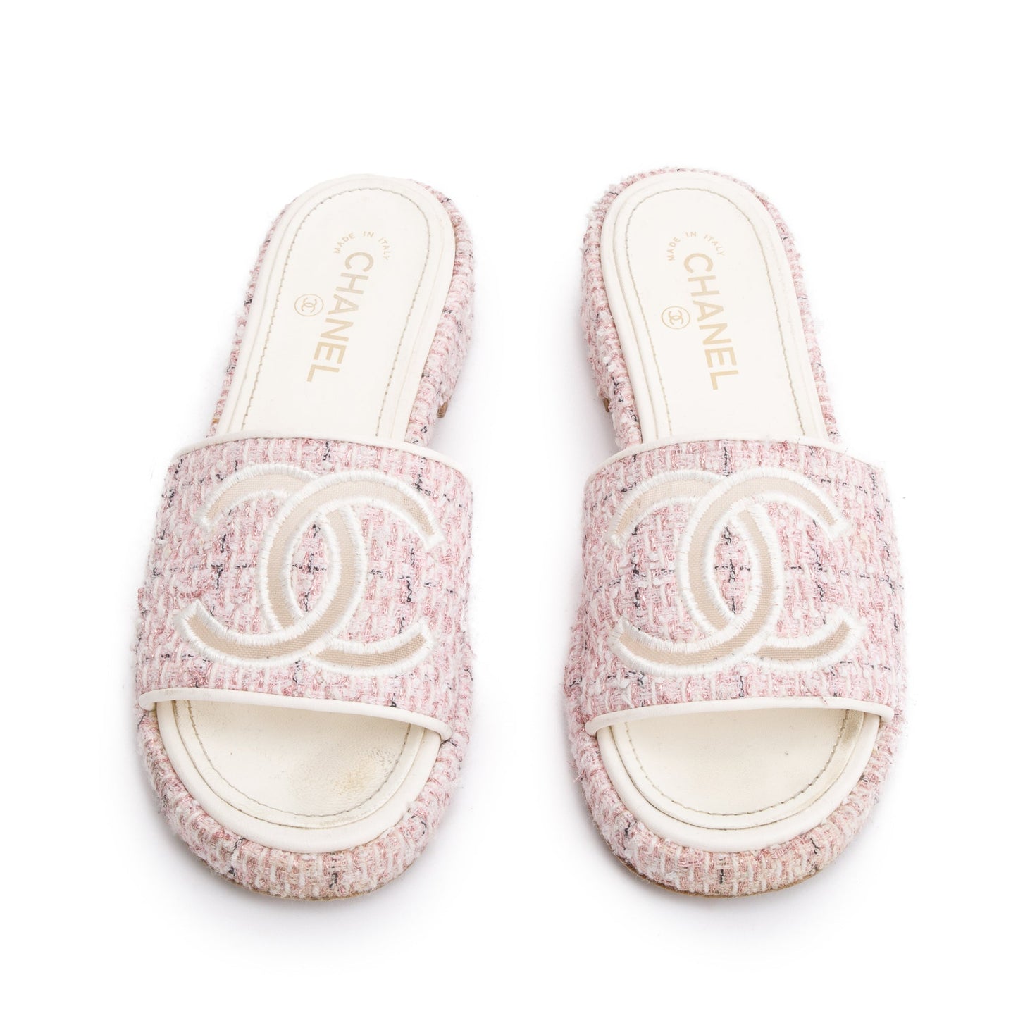 Chanel Pink Tweed CC Logo Slides, Size 40
