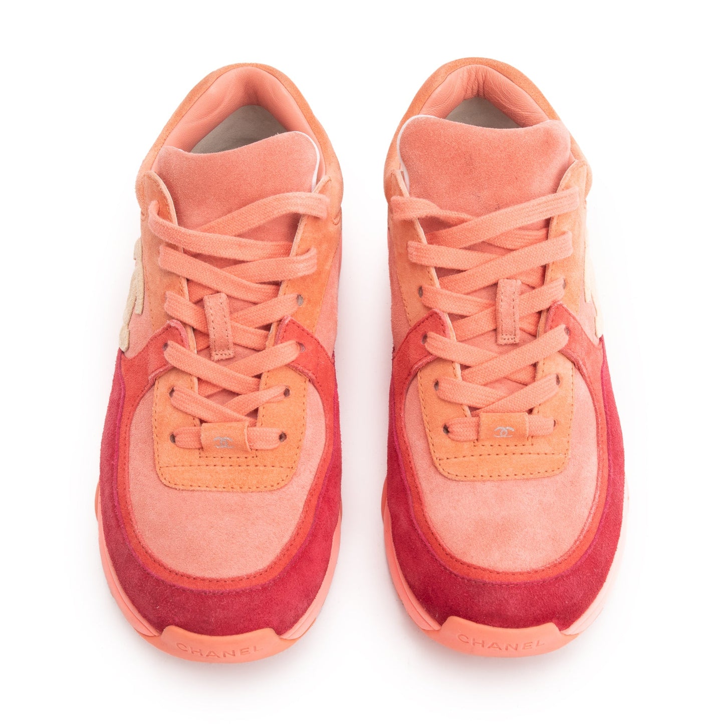 Chanel Pink/Red Suede CC Logo Sneakers, Size 38