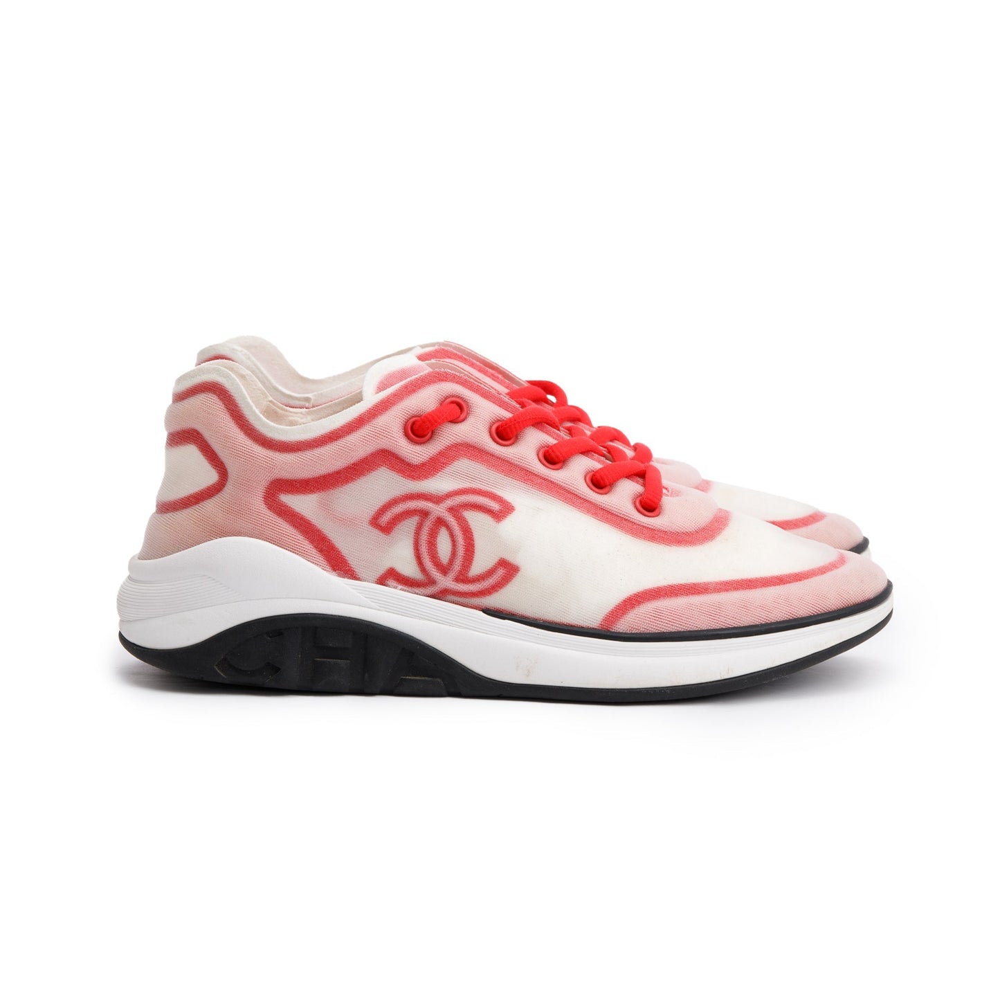 Chanel Pink/White Lycra Fabric CC Logo Sneakers, Size 39