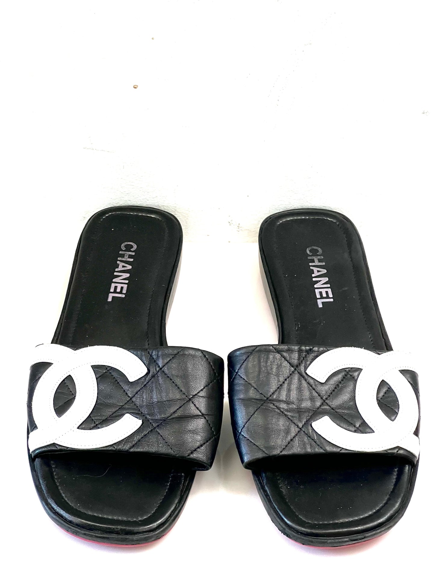 CHANEL QUILTED LEATHER CAMBON CC SLIDE SANDALS