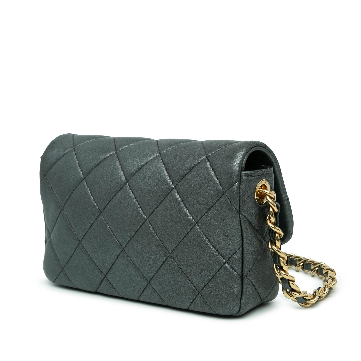 Chanel Quilted Metallic Lambskin Logo Charm Chain Flap (SHG-tizGCB)
