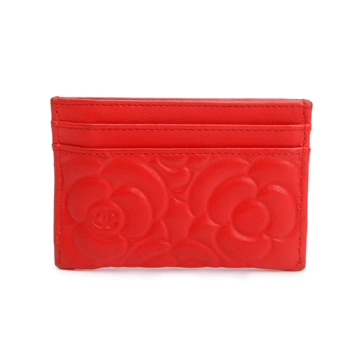 Chanel Red Camellia Embossed Lambskin Leather Classic Card Holder