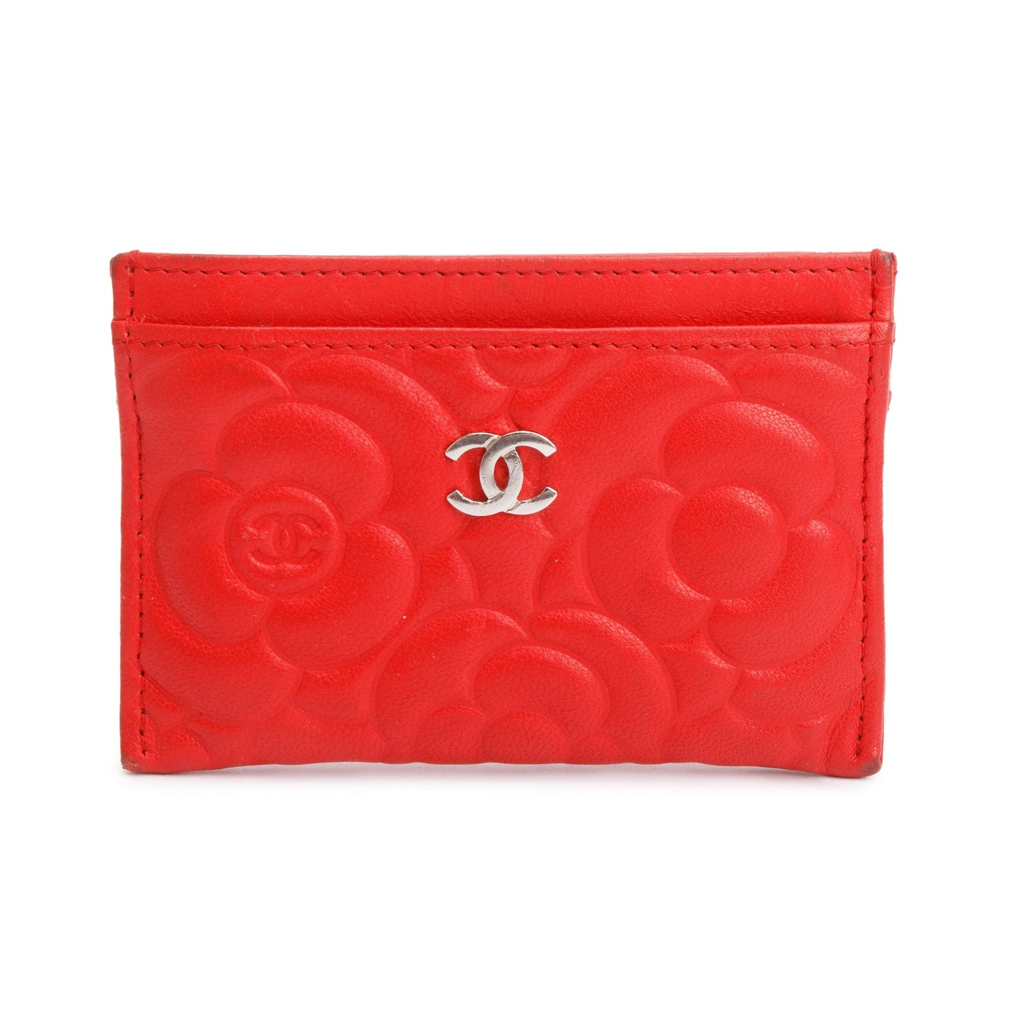 Chanel Red Camellia Embossed Lambskin Leather Classic Card Holder