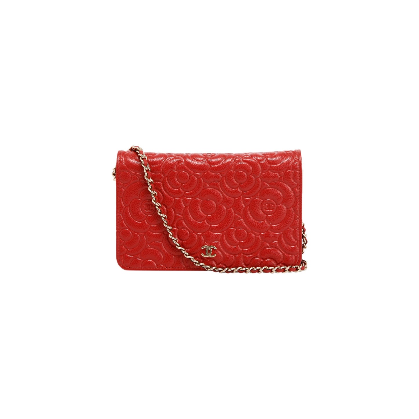 Chanel Red Caviar Camelia Wallet on Chain