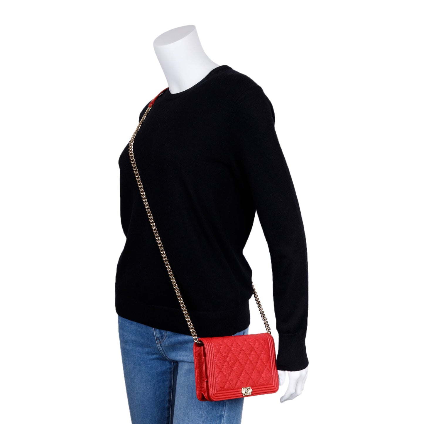 Chanel Red Caviar Leather Boy Wallet on Chain