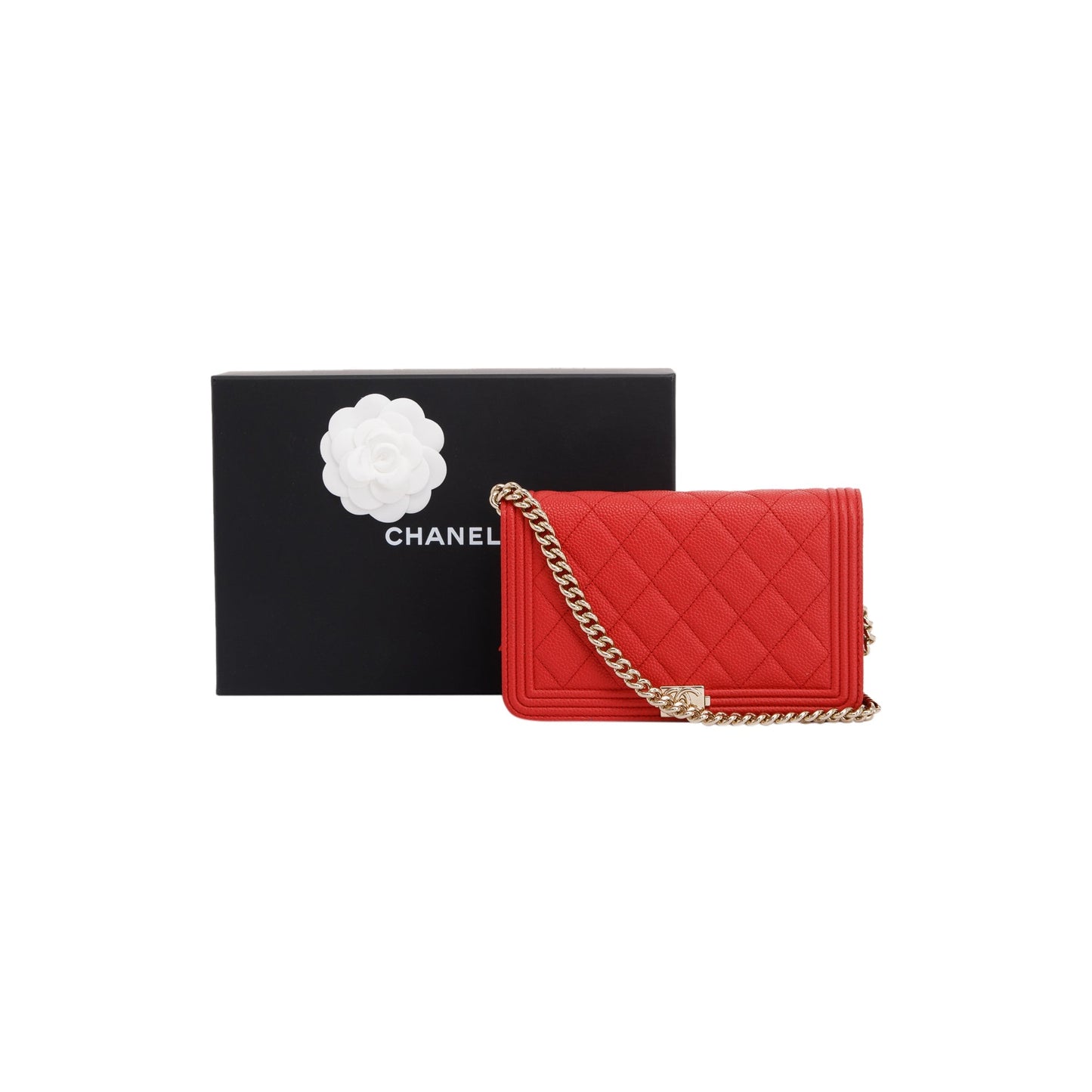 Chanel Red Caviar Leather Boy Wallet on Chain
