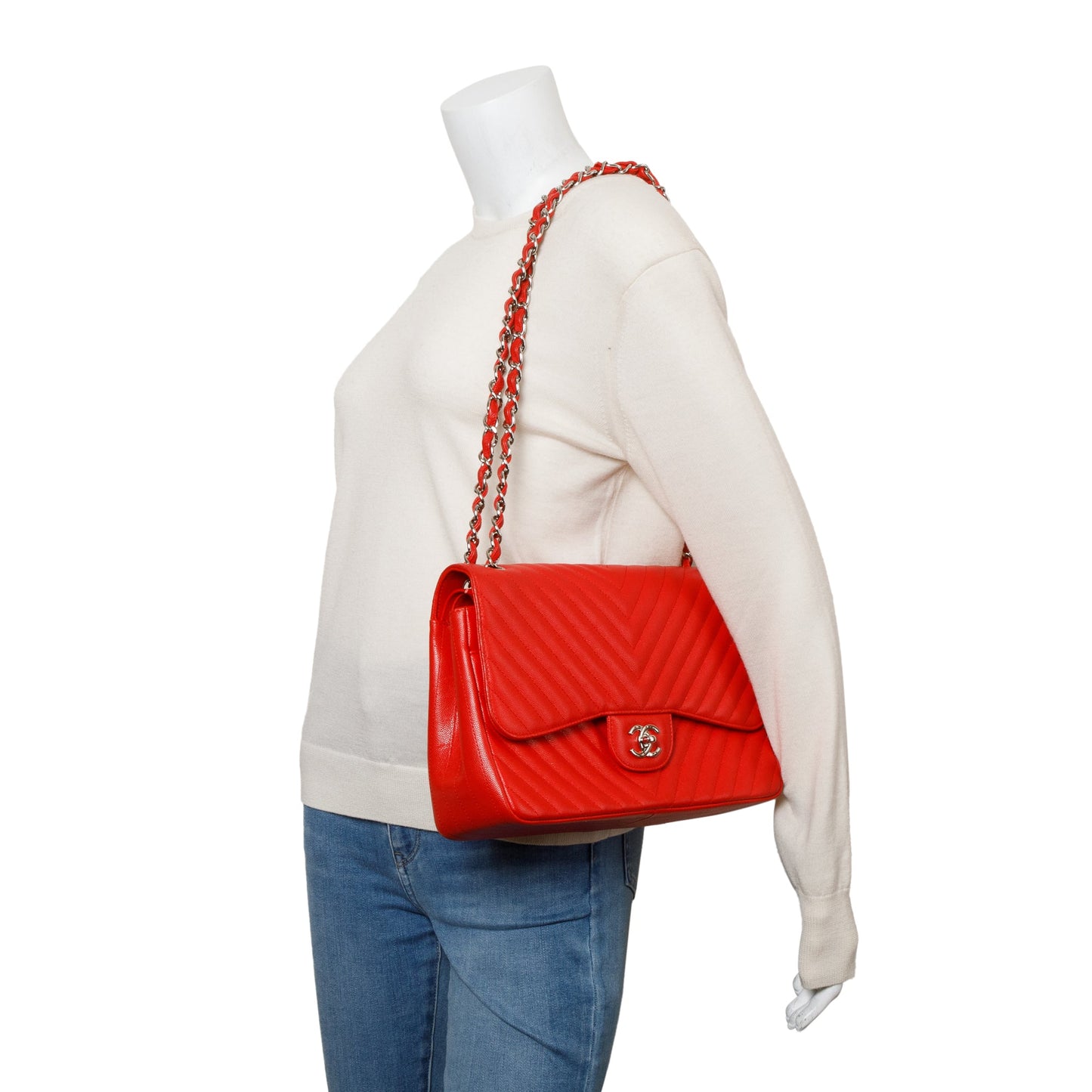 Chanel Red Quilted Caviar Leather Chevron Jumbo Double Flap Bag