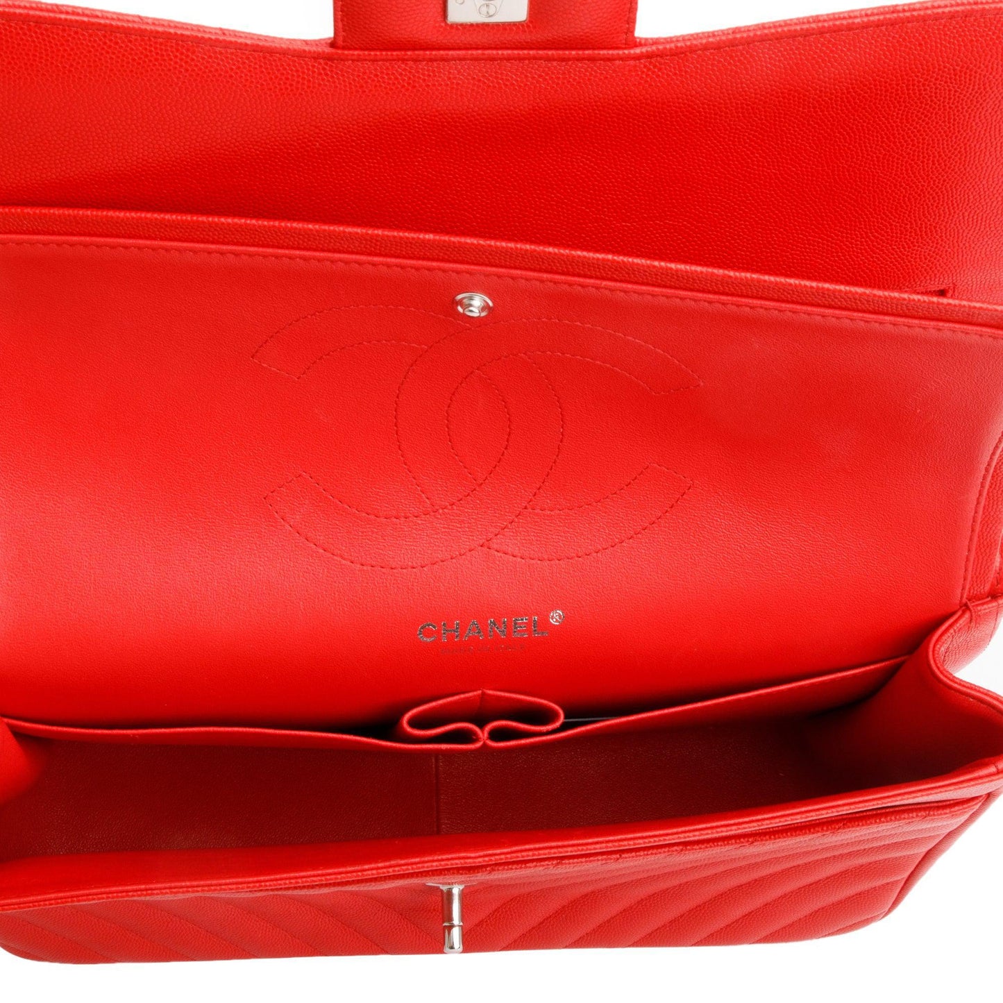 Chanel Red Quilted Caviar Leather Chevron Jumbo Double Flap Bag