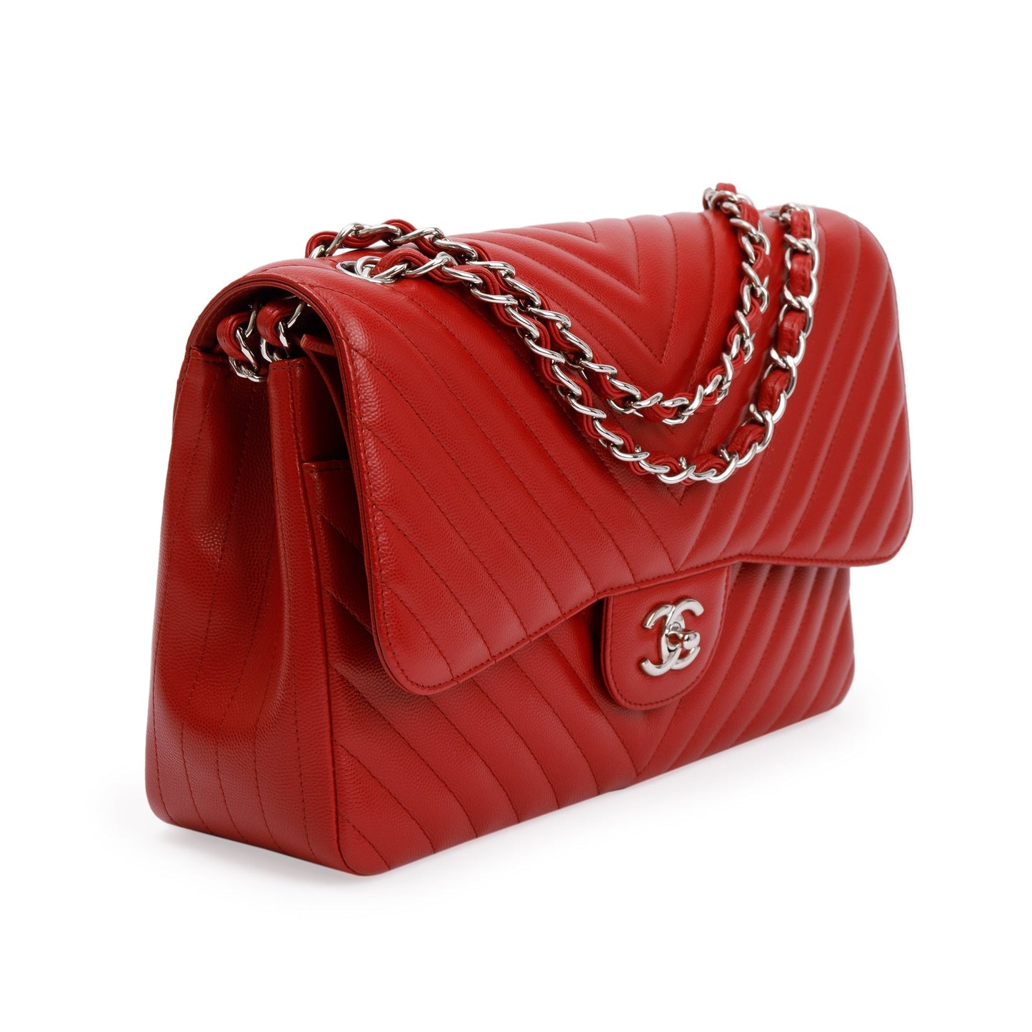 Chanel Red Quilted Caviar Leather Chevron Jumbo Double Flap Bag